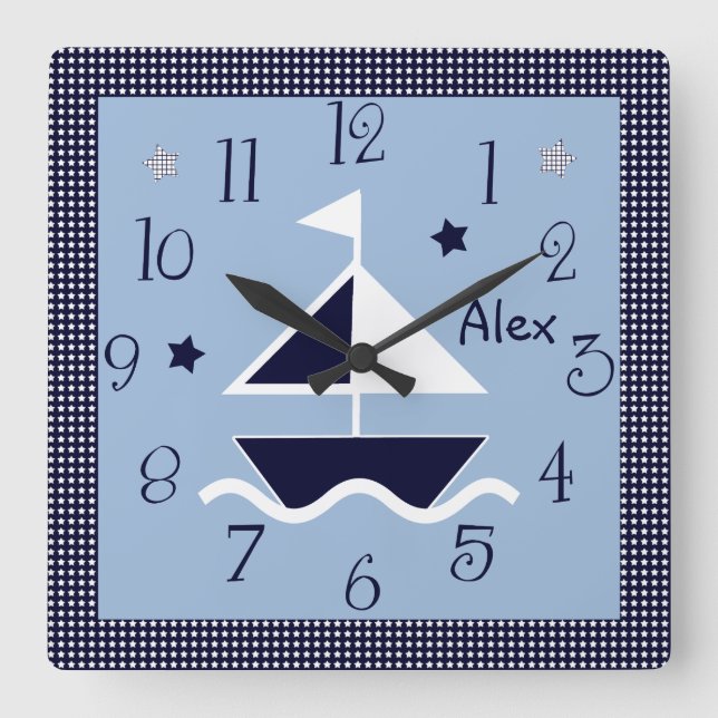Personalised Nautical Sailboat & Stars Cute Clock (Front)