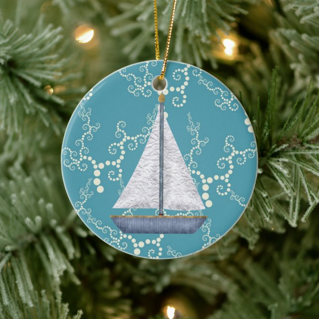 Personalised Nautical Sailboat Swirling Water Ceramic Tree Decoration (Tree)