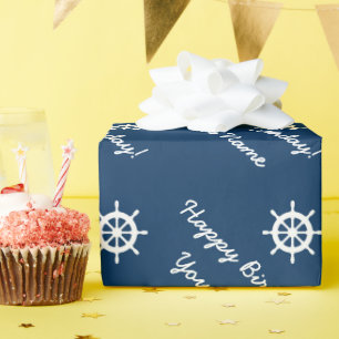 Personalised nautical ship wheel blue and white wrapping paper