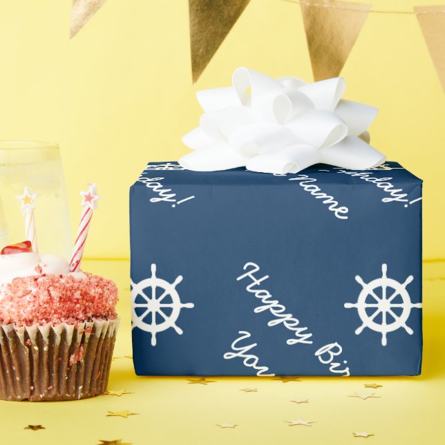 Personalised nautical ship wheel blue and white wrapping paper (Birthday Party)