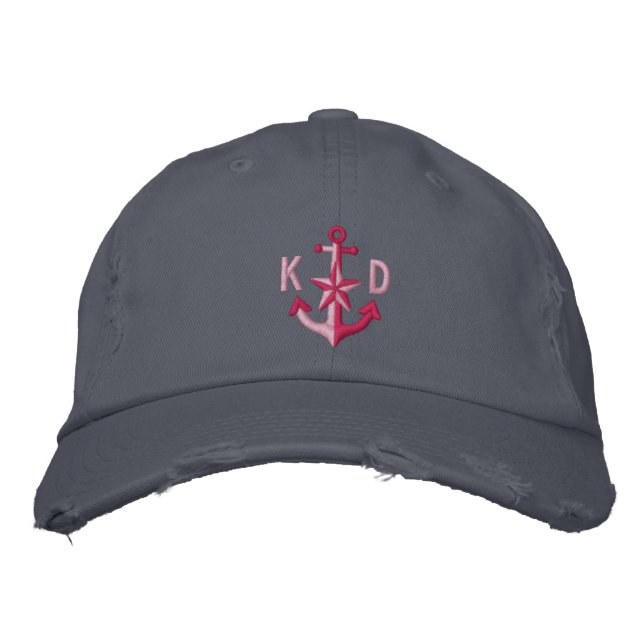Personalised Nautical Star Pink Anchor Monogram Embroidered Hat (Front)