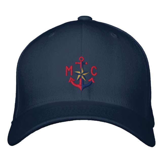 Personalised Nautical Star Red Anchor Monogram Embroidered Hat (Front)