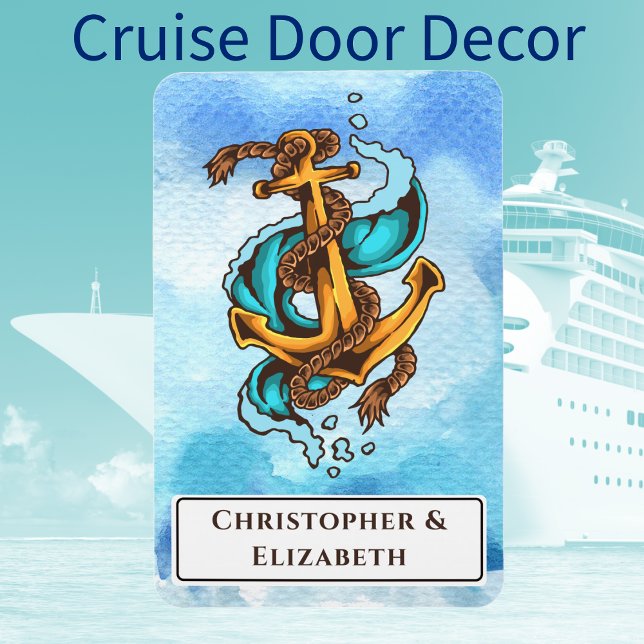 Personalised Nautical Stateroom Door Marker Cruise Magnet (Cruise Ship Vacation Door Decor. Nautical anchor theme. With monogram names.)