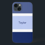 Personalised Nautical Stripes Blue and White iPhone 13 Case<br><div class="desc">You'll love this stylish nautical hued cell phone case with a blue and white stripe pattern. Multiple shades of large blue stripes plus small white stripes. Personalised with your name printed in a blue text.</div>