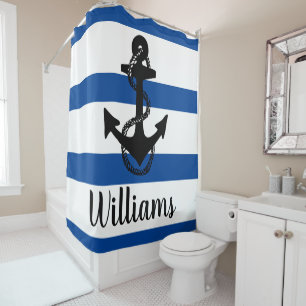 Personalised nautical stripes with ANCHOR   Shower Curtain
