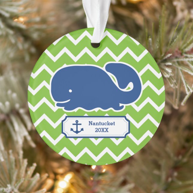 Personalised Nautical Whale Anchor Green Chevron Ornament (Tree)