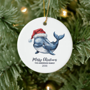 Personalised Nautical Whale in Santa Hat Christmas Ceramic Tree Decoration