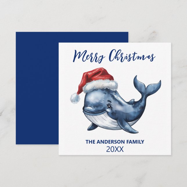 Personalised Nautical Whale in Santa Hat Christmas Holiday Card (Front/Back)