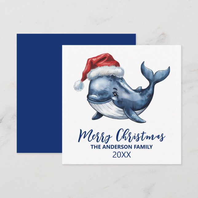 Personalised Nautical Whale in Santa Hat Christmas Holiday Card (Front/Back)