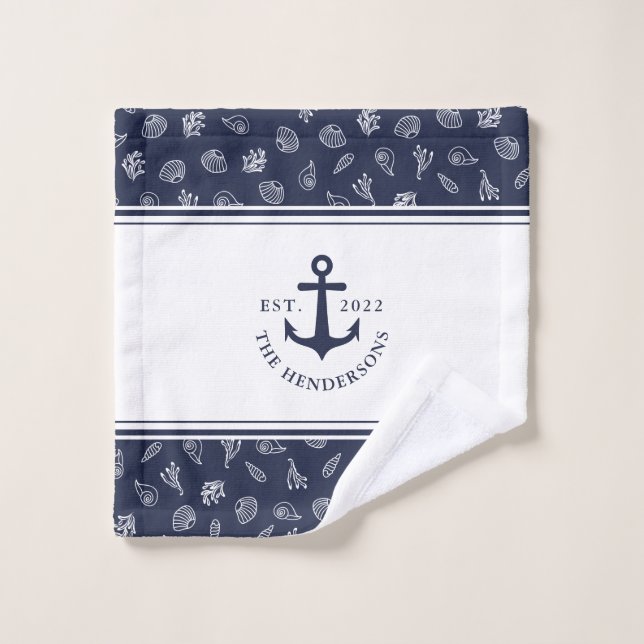 Personalised Nautical White Navy Blue Anchor Wash Cloth (Wash Cloth)
