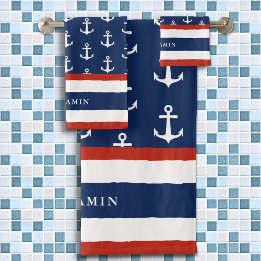 Personalised Nautical White Red Navy Blue Anchor Bath Towel Set