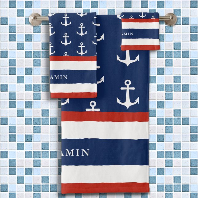 Personalised Nautical White Red Navy Blue Anchor Bath Towel Set (Creator Uploaded)