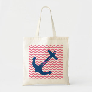 Personalised Navy Anchor & Pink Zigzag Tote Bag