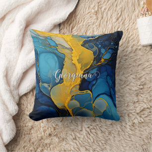 Personalised Navy and Gold Alcohol Ink Fluid Art Cushion