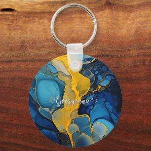 Personalised Navy and Gold Alcohol Ink Fluid Art Key Ring
