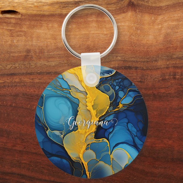 Personalised Navy and Gold Alcohol Ink Fluid Art Key Ring (Front)