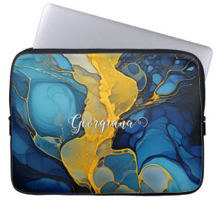 Personalised Navy and Gold Alcohol Ink Fluid Art Laptop Sleeve