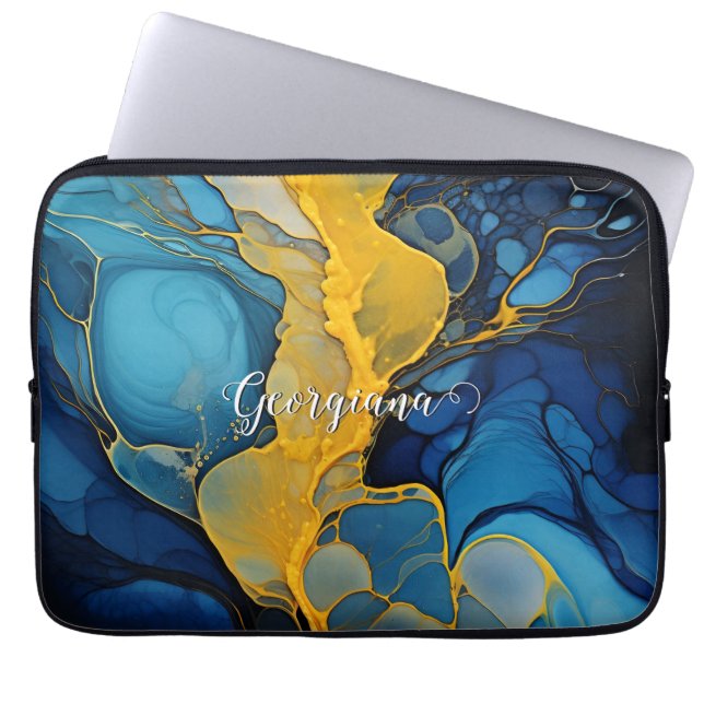 Personalised Navy and Gold Alcohol Ink Fluid Art Laptop Sleeve (Front)