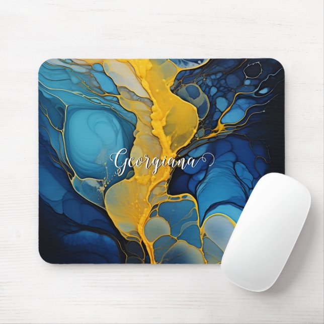 Personalised Navy and Gold Alcohol Ink Fluid Art Mouse Mat (With Mouse)