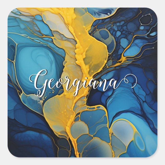 Personalised Navy and Gold Alcohol Ink Fluid Art Square Sticker (Front)