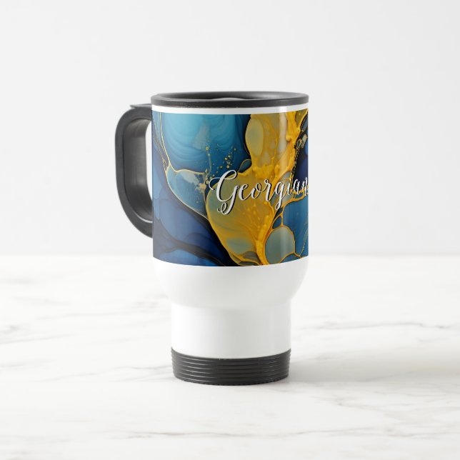 Personalised Navy and Gold Alcohol Ink Fluid Art Travel Mug (Front Left)