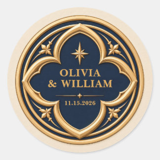 Personalised Navy and Gold Wedding Classic Round Sticker