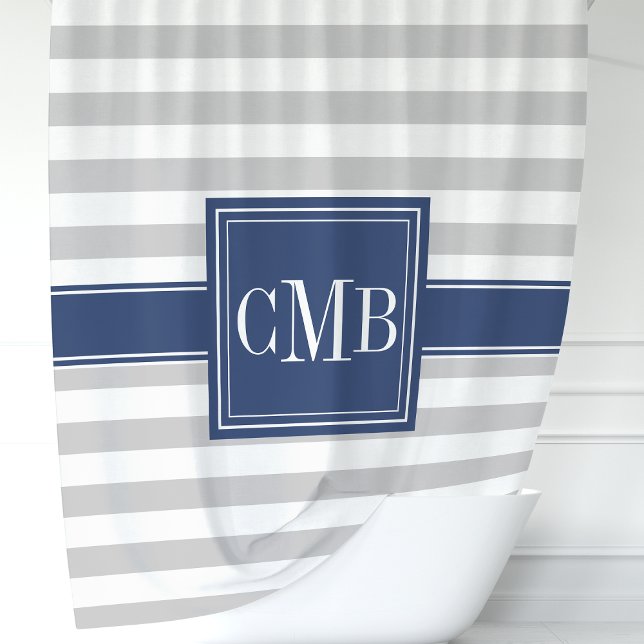 Personalised Navy and Grey Striped  Shower Curtain (Creator Uploaded)