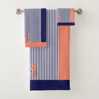 Personalised Navy And Salmon Nautical  Aesthetic  Bath Towel Set