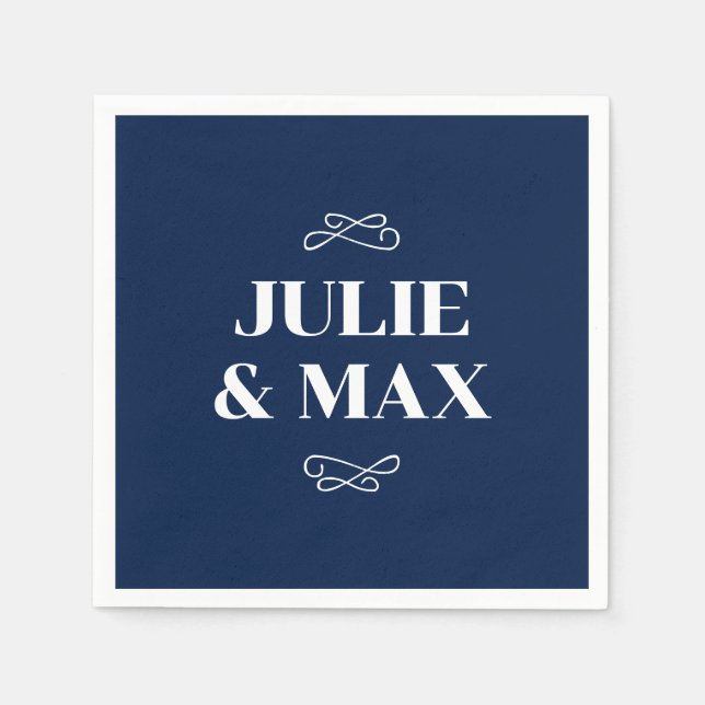 Personalised Navy and White Flourish Wedding Napkin (Front)