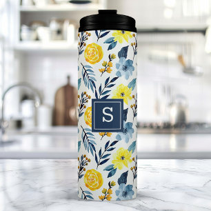 Personalised Navy And Yellow Floral Thermal Tumbler