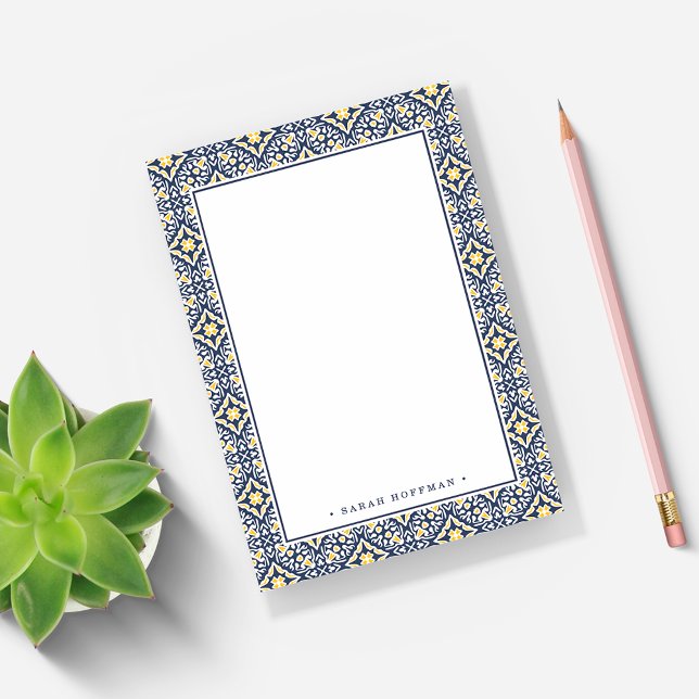 Personalised Navy and Yellow Mediterranean Pattern Post-it Notes (Creator Uploaded)