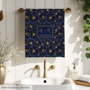 Personalised Navy Bath Towels Gold Floral Accent