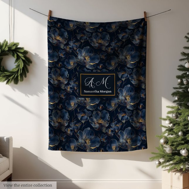 Personalised Navy Blanket Chic Gold Flowers Gift (Personalized Navy Blanket Chic Gold Flower Gift)