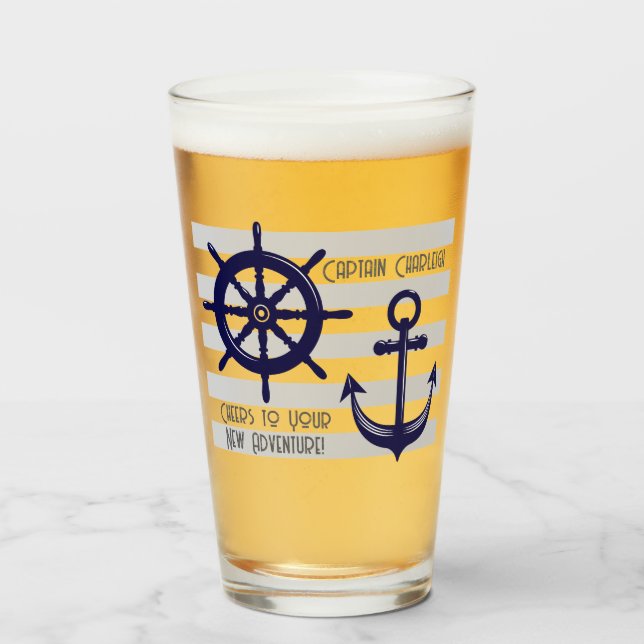Personalised Navy Blue Anchor Boat Wheel Nautical Glass (Front Filled)