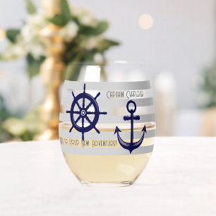 Personalised Navy Blue Anchor Boat Wheel Nautical Stemless Wine Glass