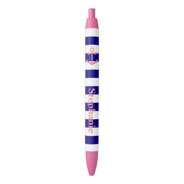 Personalised Navy Blue and Blush Pink Nautical Black Ink Pen (Front Vertical)