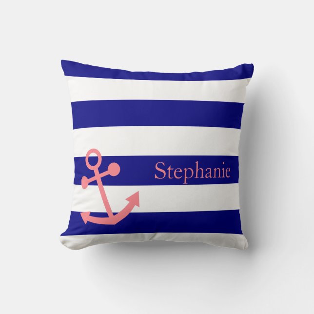 Personalised Navy Blue and Blush Pink Nautical Cushion (Front)