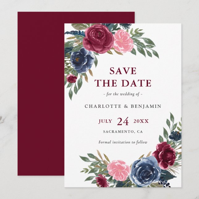 Personalised Navy Blue and Burgundy Floral Wedding Save The Date (Front/Back)