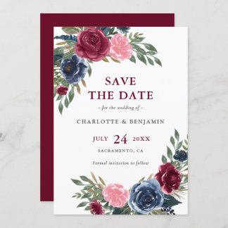 Personalised Navy Blue and Burgundy Floral Wedding Save The Date