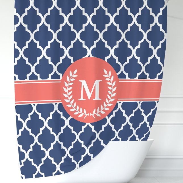 Personalised Navy Blue and Coral Quatrefoil Shower Curtain (Creator Uploaded)