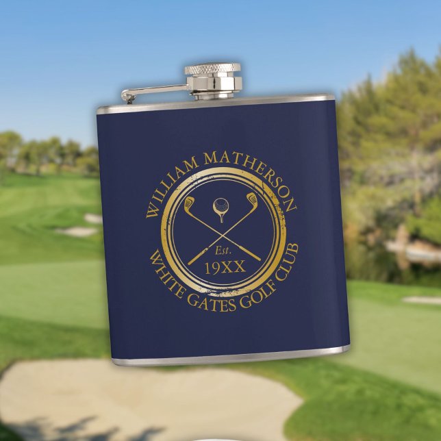 Personalised Navy Blue And Gold Golf Club Name Hip Flask (Personalized Navy Blue And Gold Golf Club Name Flask)