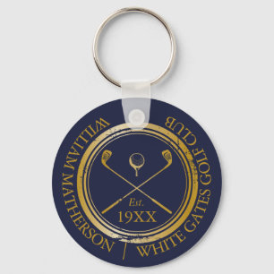 Personalised Navy Blue And Gold Golf Club Name Key Ring