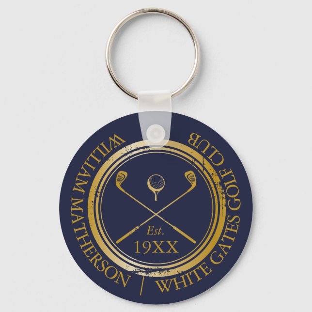 Personalised Navy Blue And Gold Golf Club Name Key Ring (Front)