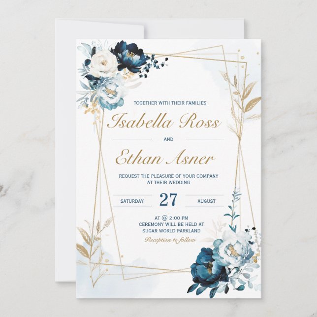 Personalised  Navy Blue and Gold Wedding Bundle Invitation (Front)