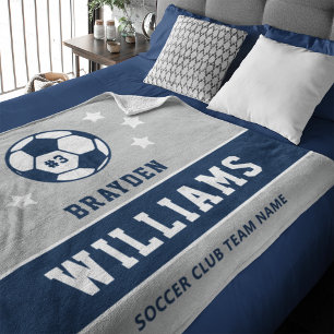 Personalised Navy Blue and Grey Soccer Player Name Fleece Blanket