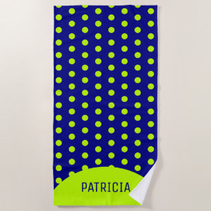 Personalised Navy Blue And Lime Green Polka Dot Beach Towel