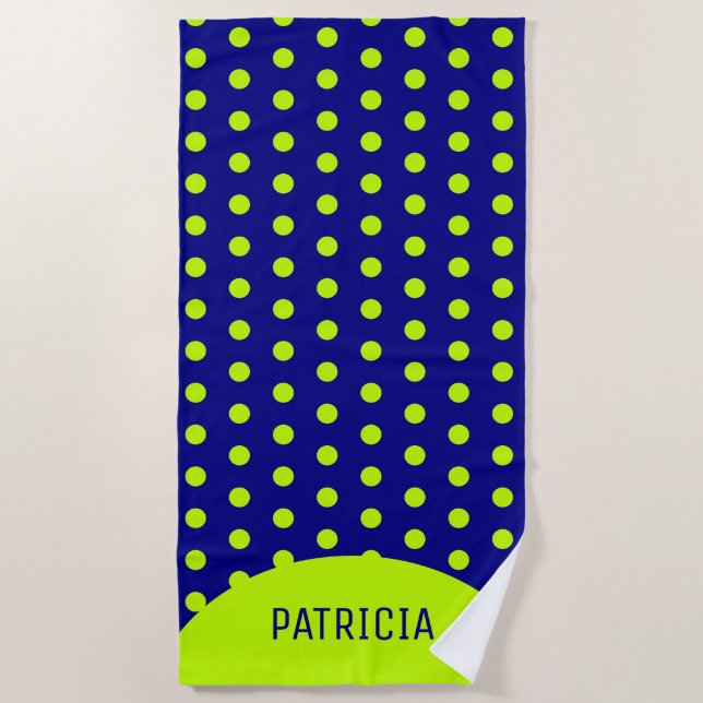 Personalised Navy Blue And Lime Green Polka Dot Beach Towel (Front)
