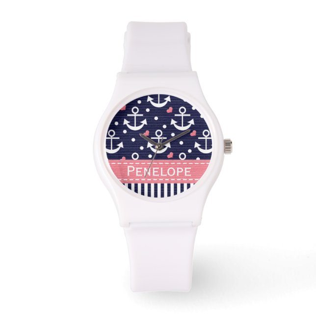 Personalised Navy Blue and Pink Anchor Watch (Front)