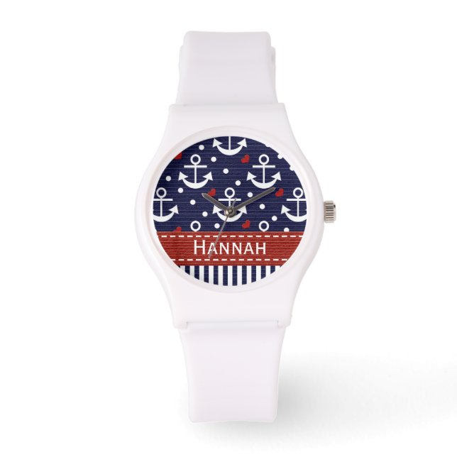 Personalised Navy Blue and Red Anchor Watch (Front)