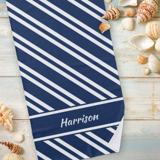 Personalised Navy Blue and White Stripes Beach Towel